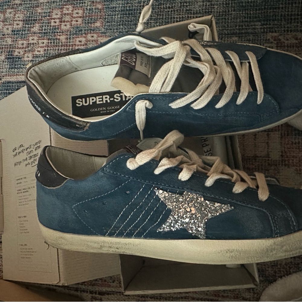Golden Goose Teal Sneakers with Silver Glitter Star